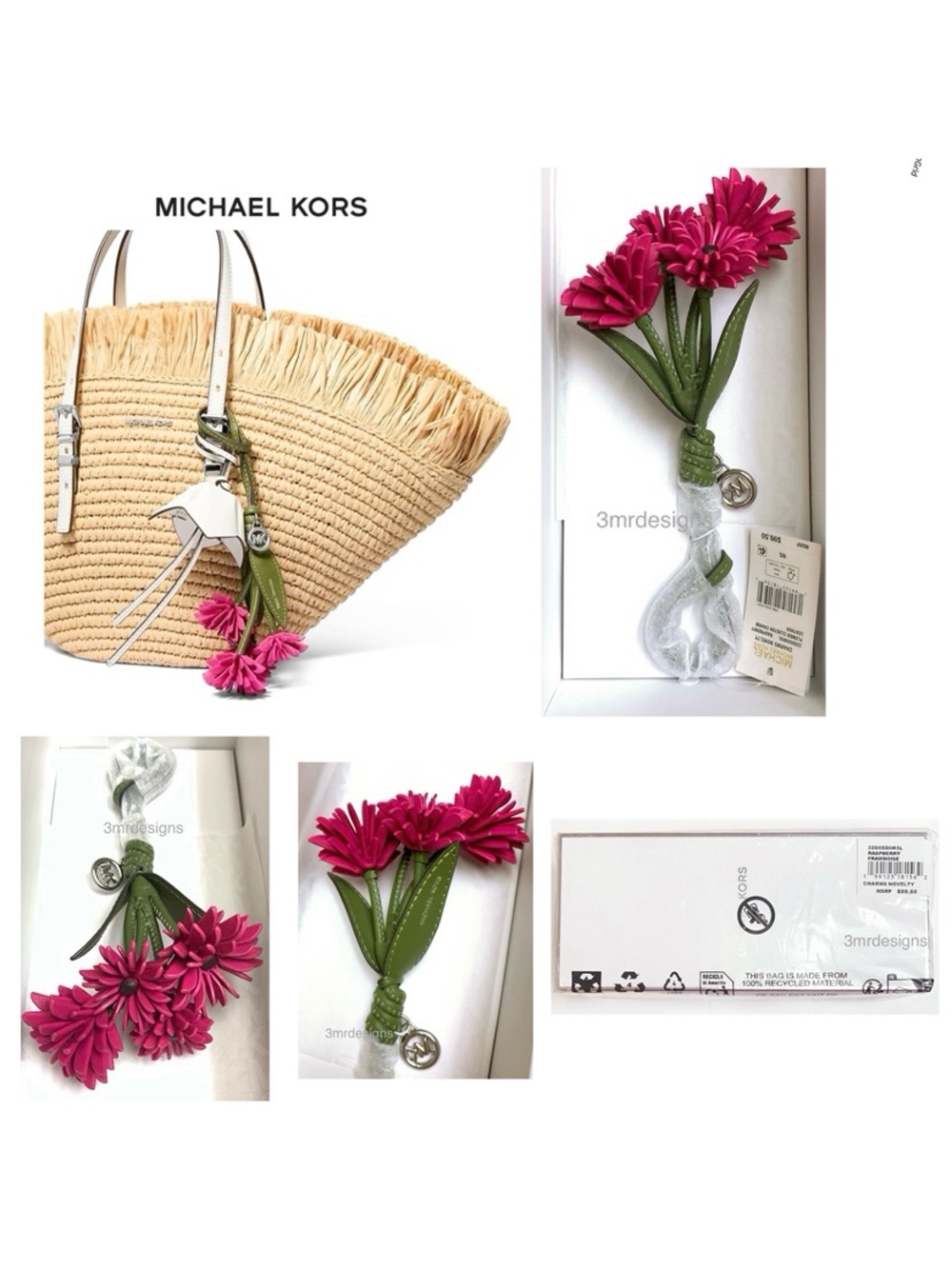 NWT MICHAEL KORS Smooth Leather Flower Cluster Loop Over Bag charm/ Keychain